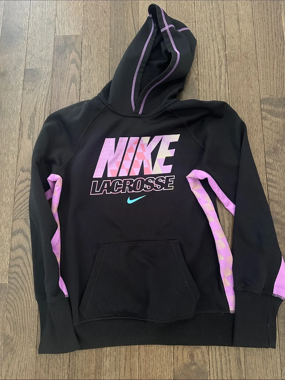 Nike Black Lacrosse Hoodie with Light Purple Accents and Teal Swoosh